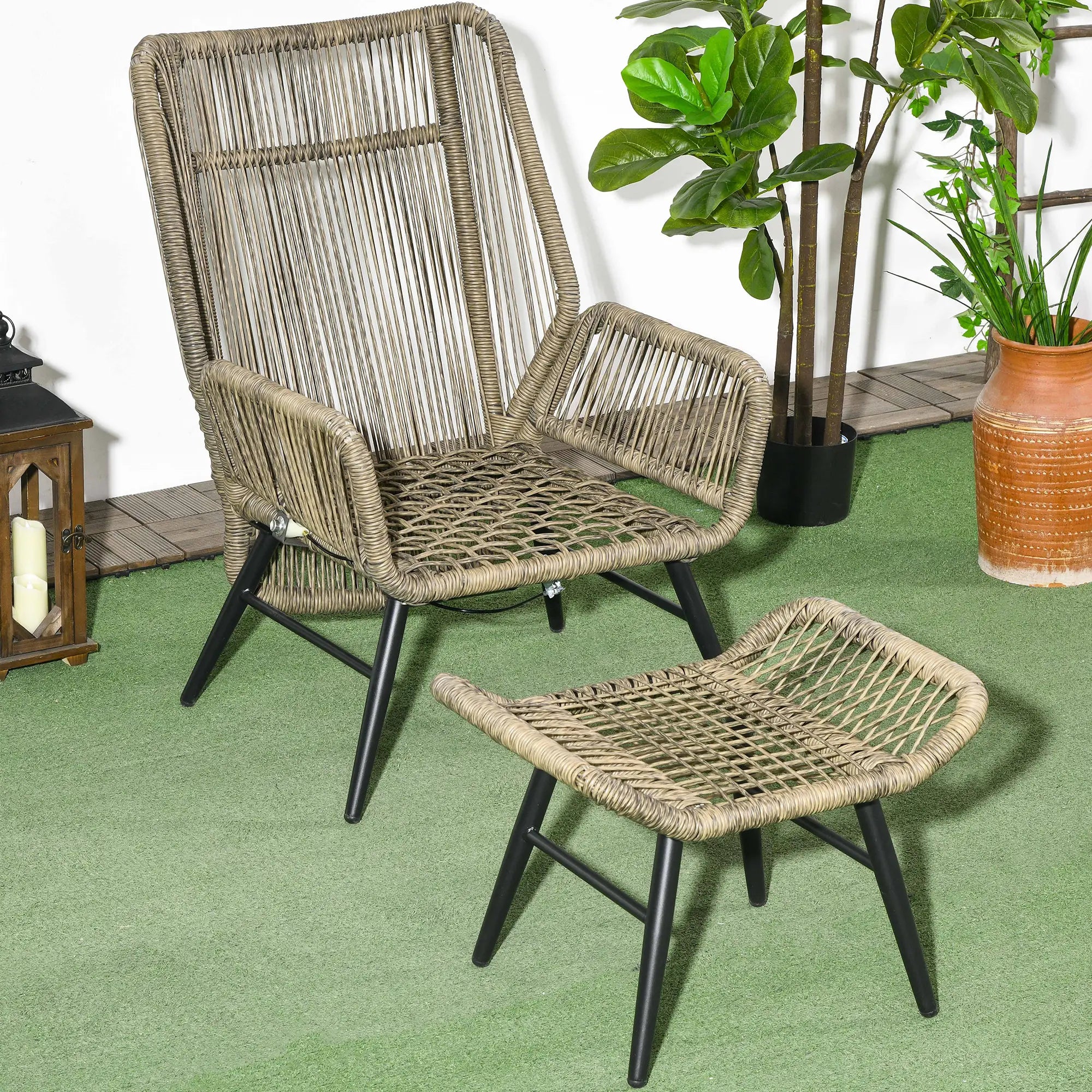 2 Pcs PE Rattan Leisure Chair Set, Outdoor Reclining Patio Chair with Footrest, Adjustable Backrest, Cushion, Khaki Patio Chairs at Gallery Canada