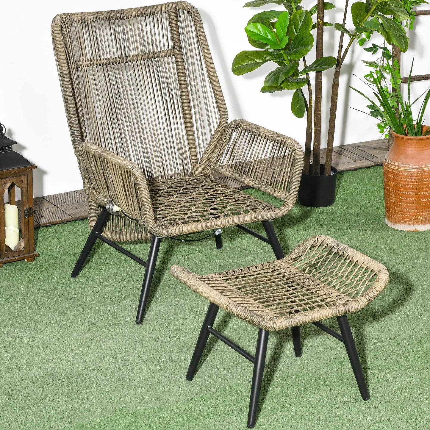 2 Pcs PE Rattan Leisure Chair Set, Outdoor Reclining Patio Chair with Footrest, Adjustable Backrest, Cushion, Khaki Patio Chairs at Gallery Canada
