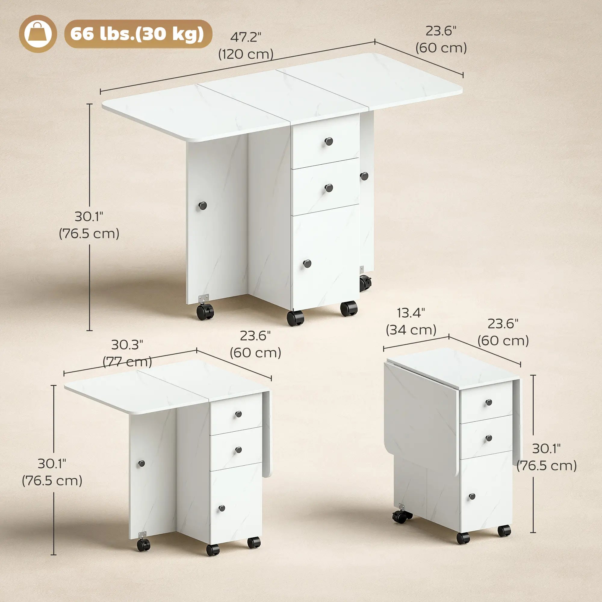 Drop Leaf Dining Table, Mobile Folding Table With Drawers, Marble White, White Dining Tables at Gallery Canada