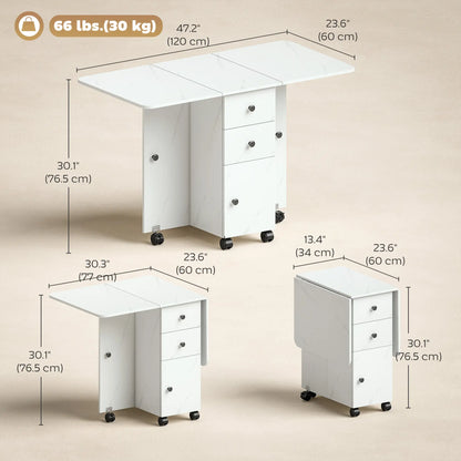 Drop Leaf Dining Table, Mobile Folding Table With Drawers, Marble White, White Dining Tables at Gallery Canada
