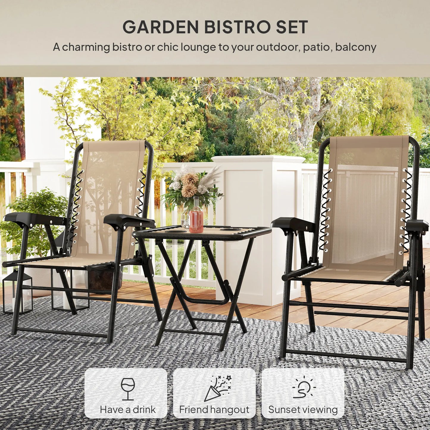 3 Piece Patio Bistro Set, Metal Outdoor Folding Table And Chairs, Khaki Bistro Sets at Gallery Canada
