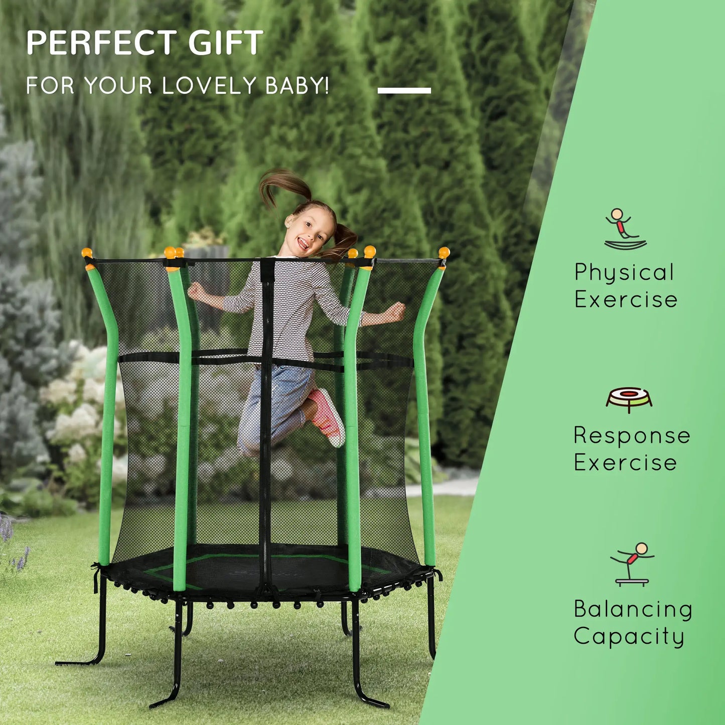 64" Kids Trampoline, Indoor Outdoor, Enclosure Net, Green Trampolines at Gallery Canada