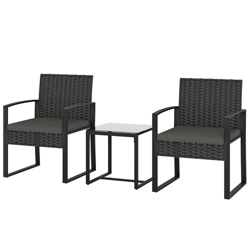 3 Piece Wicker Patio Set, Glass Top Table With Cushions, Dark Grey