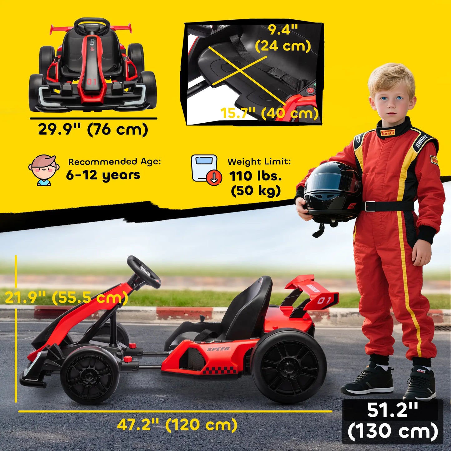 24V Electric Go Kart, Battery Powered, Adjustable Seat, Red Pedal Go Karts for Kids at Gallery Canada