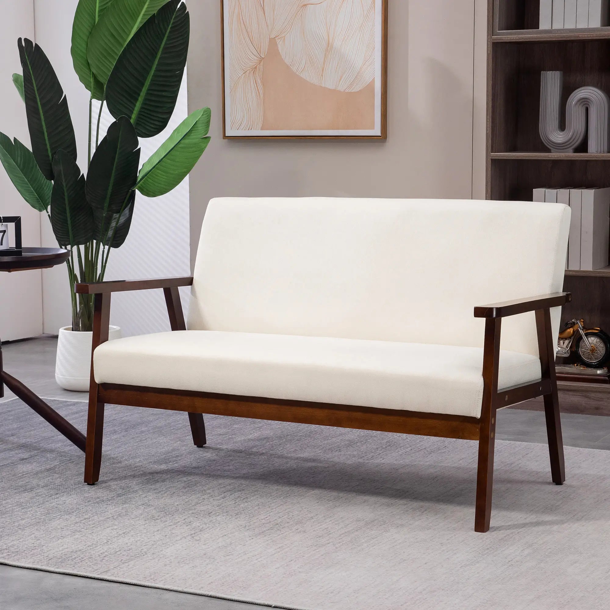 Compact Loveseat Sofa, Linen Fabric, Rubber Wood Legs, Cream White 2-Seater Sofas at Gallery Canada