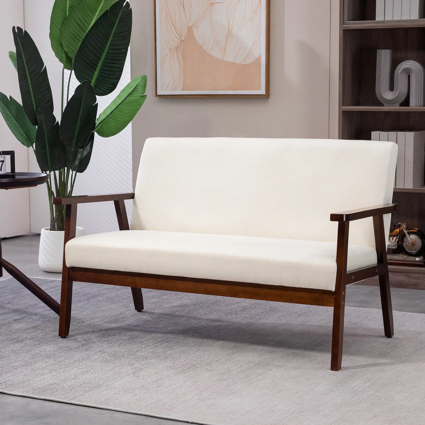 Compact Loveseat Sofa, Linen Fabric, Rubber Wood Legs, Cream White 2-Seater Sofas at Gallery Canada