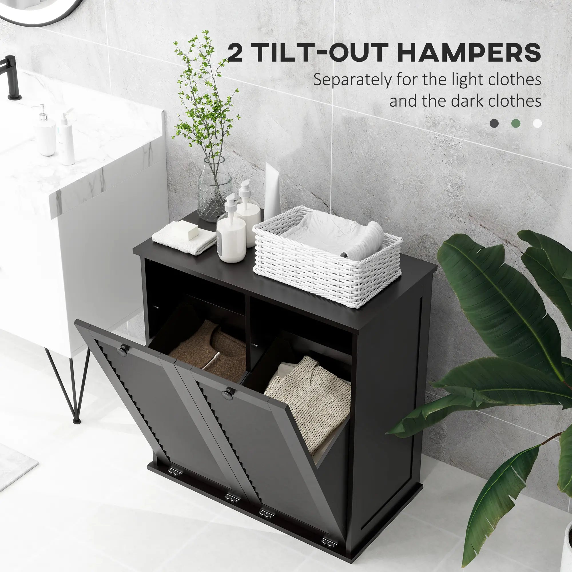 Tilt Out Laundry Cabinet, 2 Baskets, 2 Louvered Doors, Black Bathroom Cabinets at Gallery Canada