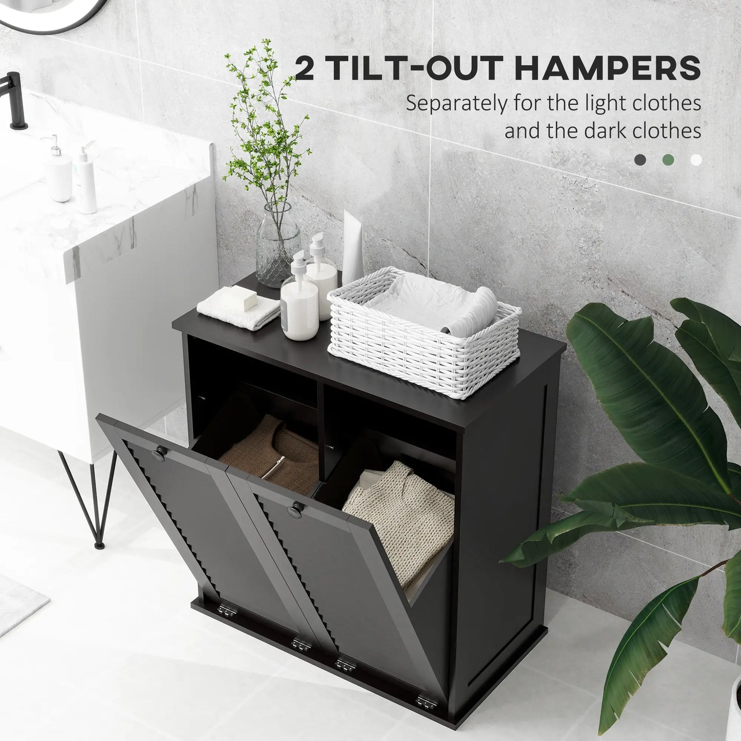 Tilt Out Laundry Cabinet, 2 Baskets, 2 Louvered Doors, Black Bathroom Cabinets at Gallery Canada