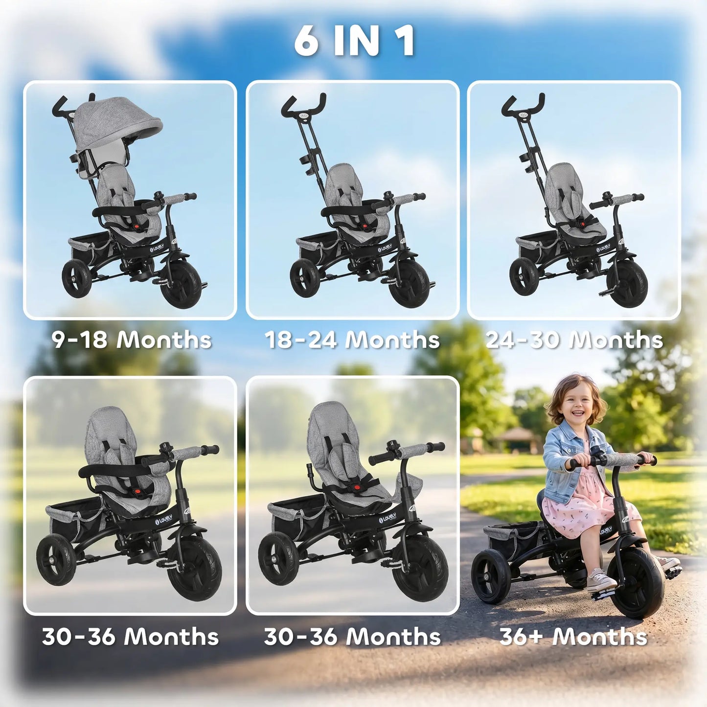 6 in 1 Toddler Tricycle Stroller, Basket, Canopy, 5-Point Harness, 12-60 Months, Grey Tricycles for Kids at Gallery Canada