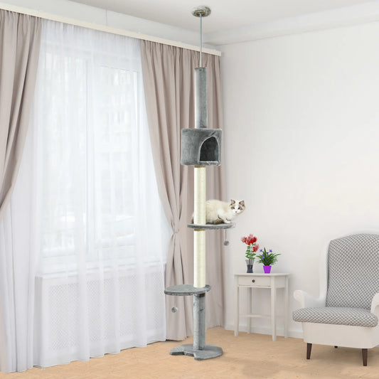 4-Tier Floor to Ceiling Cat Tree, Scratching Post, Plush, Toy Ball, Light Grey Floor to Ceiling Cat Trees Light Grey, Beige at Gallery Canada