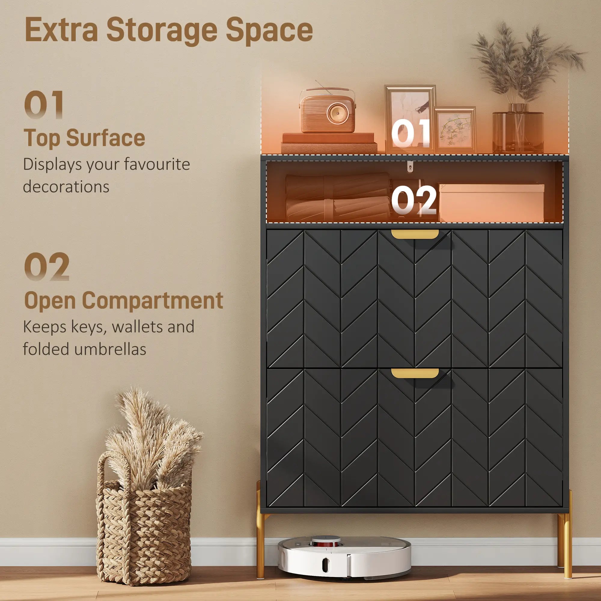 Narrow Shoe Cabinet, 2 Flip Drawers, Adjustable Shelves, Open Compartment, Black Shoe Storage Cabinets & Racks at Gallery Canada