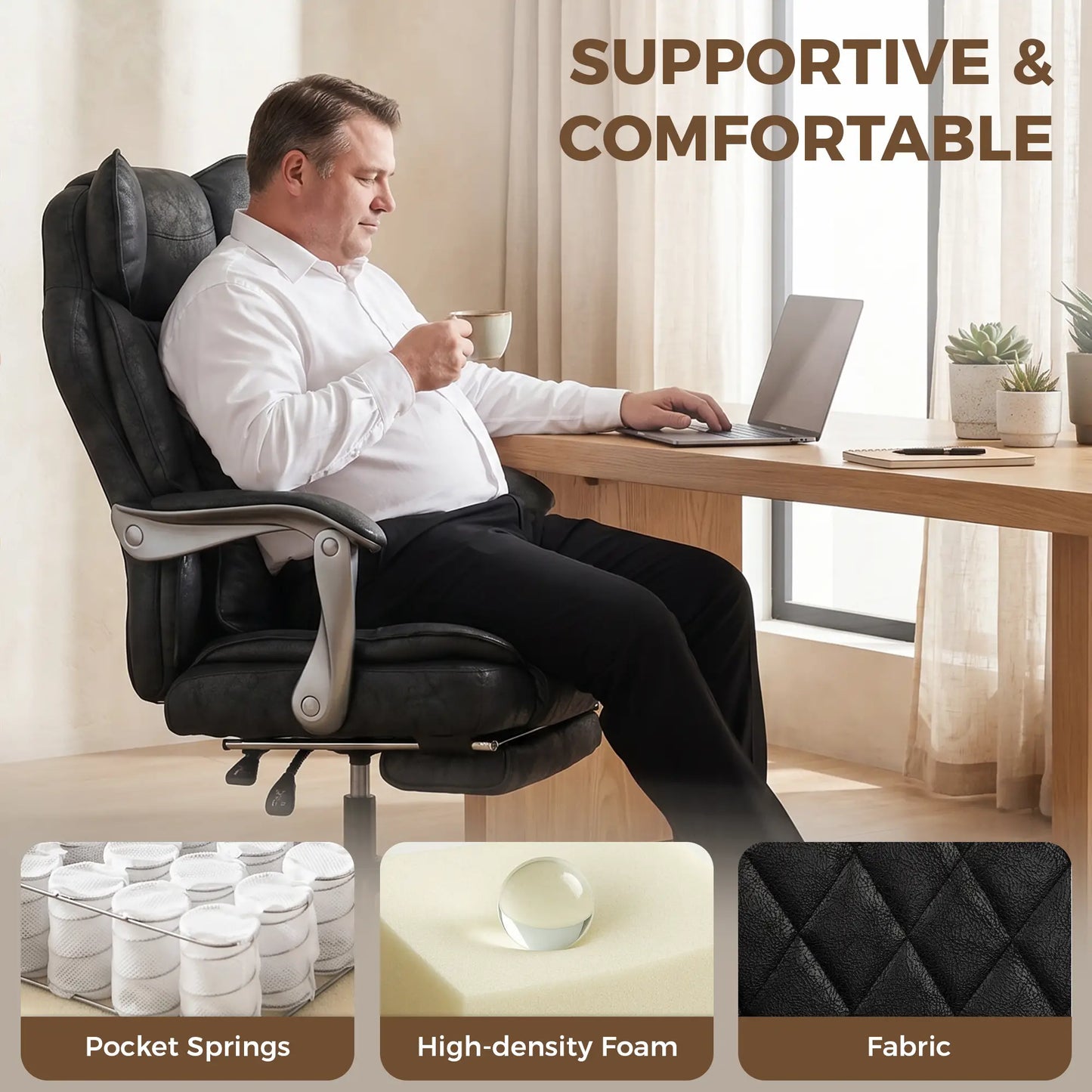 Big & Tall Office Chair 400 Lbs, Reclining, Lumbar Support, Black