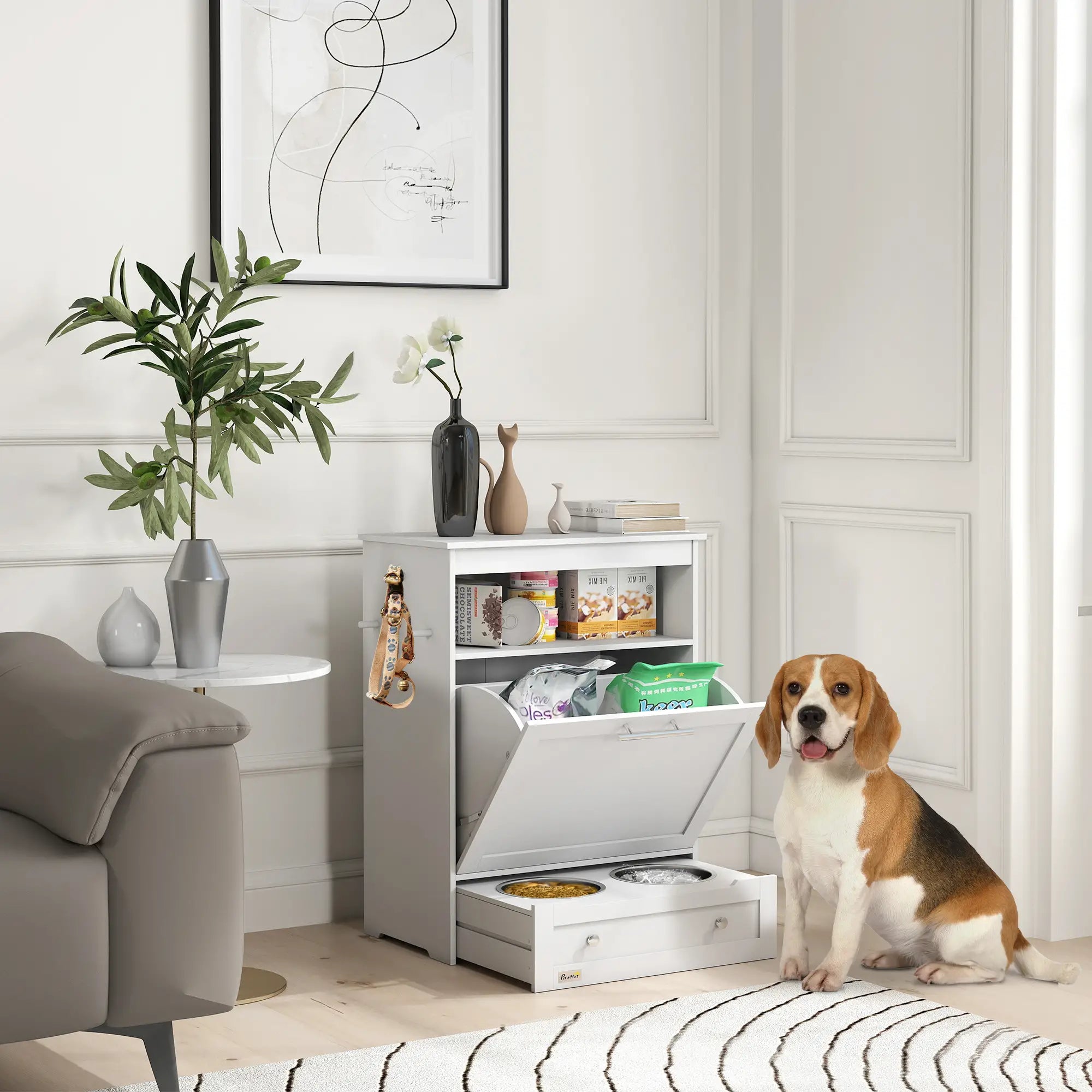 Pet Feeder Station, Dog Food Storage Cabinet with Bowls, Gray Dog Bowls at Gallery Canada