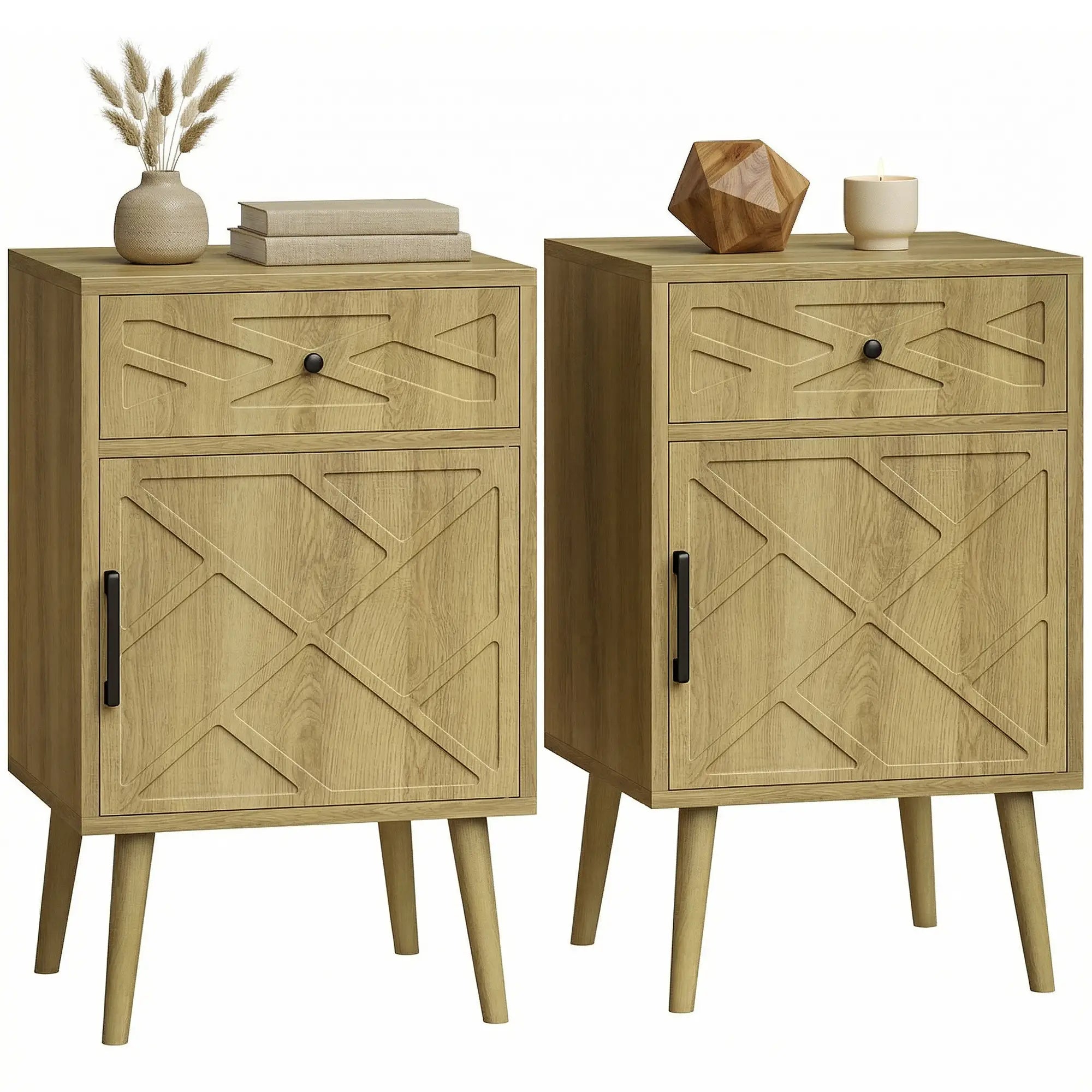Nightstand Set Of 2, Oak, With Drawer And Cabinet Storage Side Tables at Gallery Canada