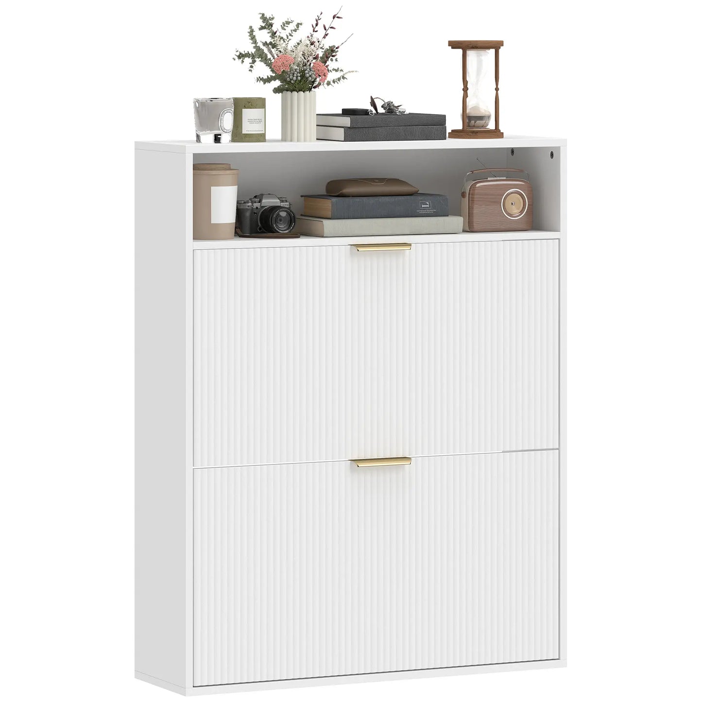 Narrow Shoe Cabinet With 2 Flip Drawers, Top Shelf, White Shoe Storage Cabinets & Racks White at Gallery Canada