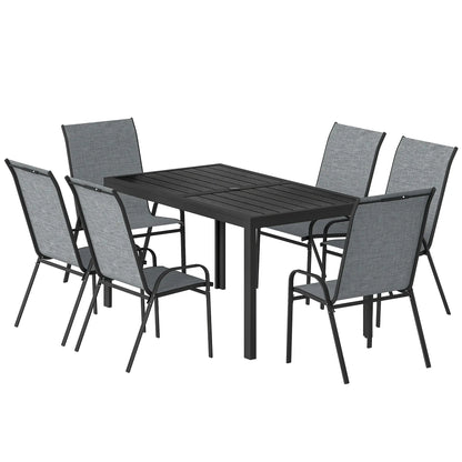 Outdoor Dining Set For 6, Faux Wood Metal Patio Table, Mesh Stackable Chairs, Mixed Grey