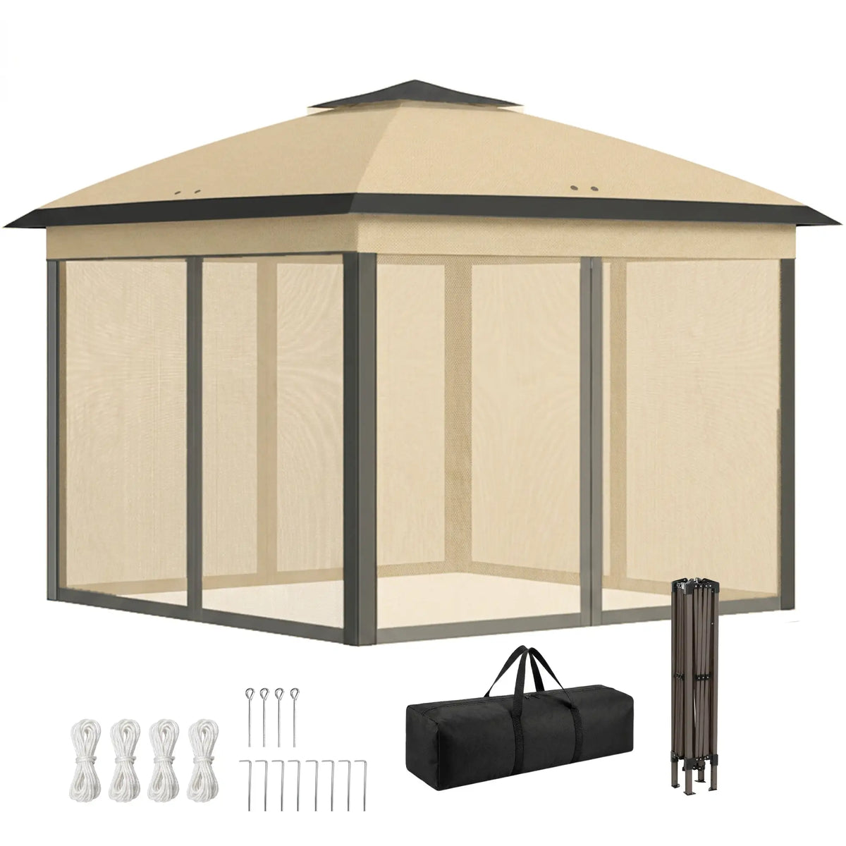 11' x 11' Pop Up Gazebo, Double Roof, Foldable, Adjustable, Beige Pop Up Canopies Beige at Gallery Canada