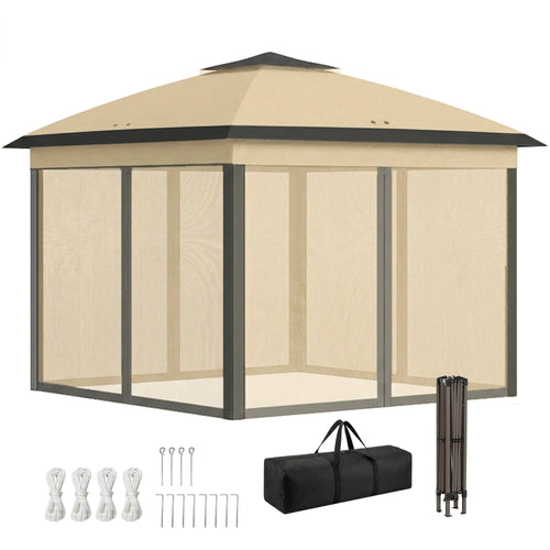 11' x 11' Pop Up Gazebo, Double Roof, Foldable, Adjustable, Beige