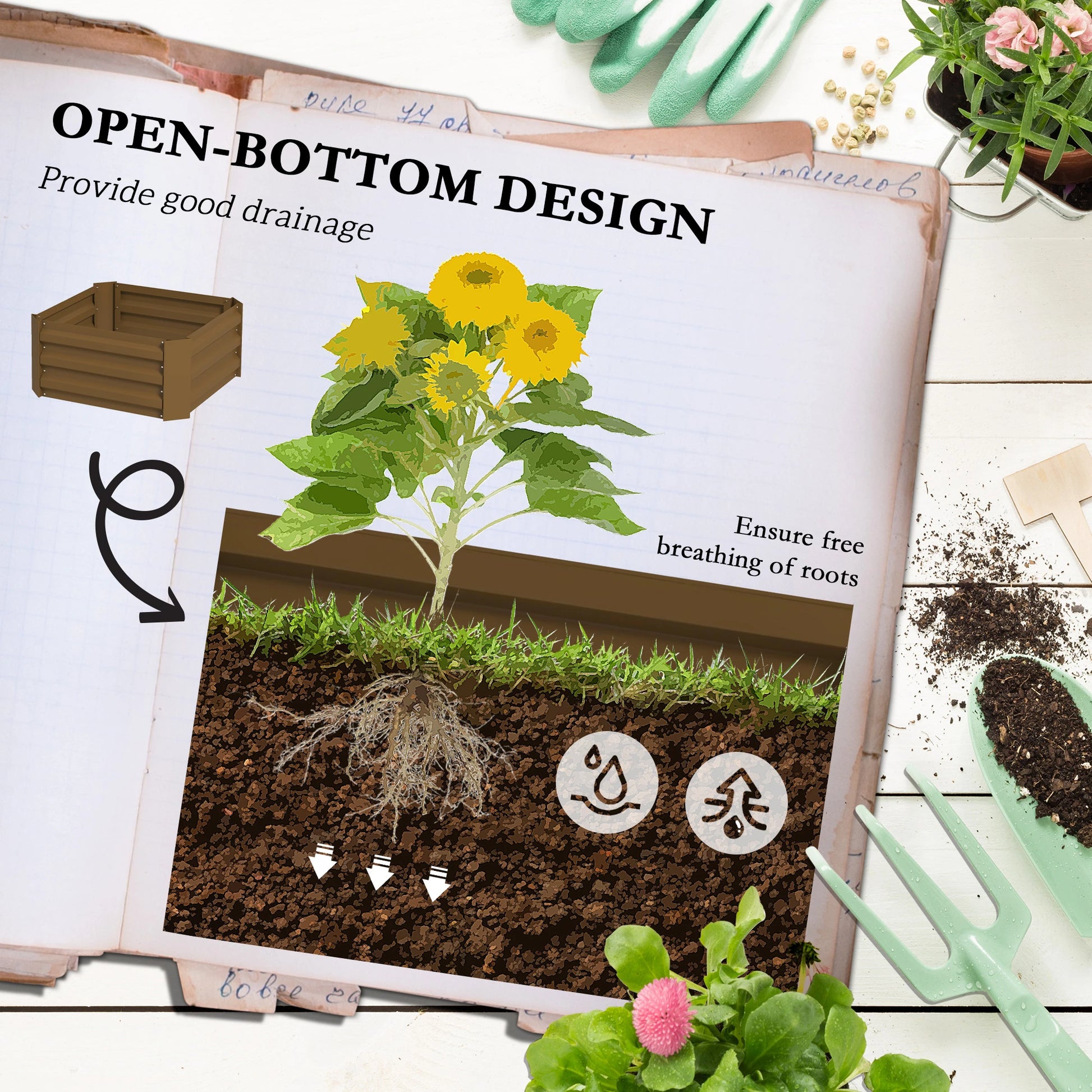 Galvanized Planter Box, Outdoor Raised Garden Bed with 3-Tier Trellis Tomato Cage for Climbing Vines, Vegetables, Brown Galvanized Planter Boxes at Gallery Canada