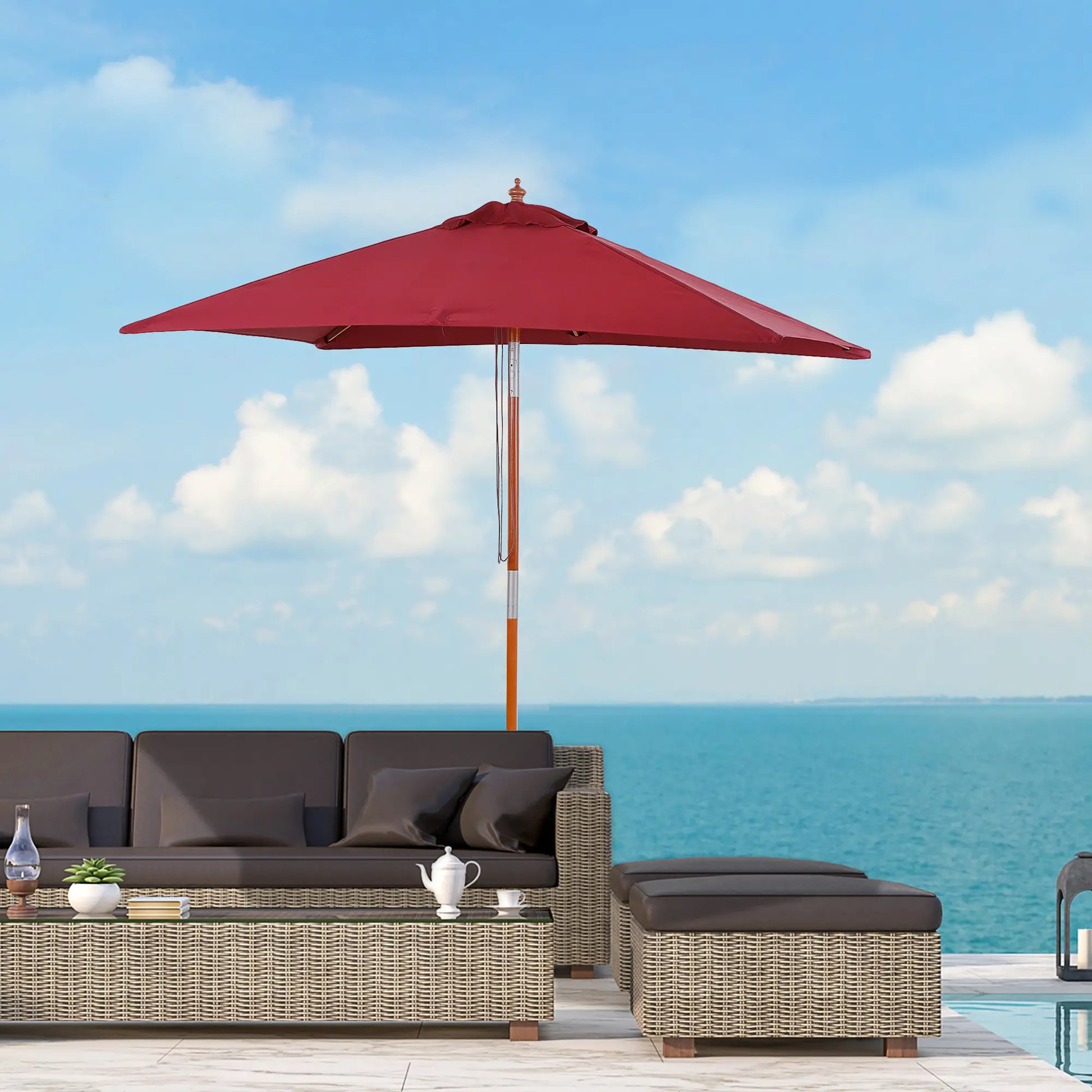 6.6x5ft Square Wooden Patio Umbrella, Tilt Mechanism, 6 Bamboo Ribs, Wine Red Sun Umbrellas at Gallery Canada
