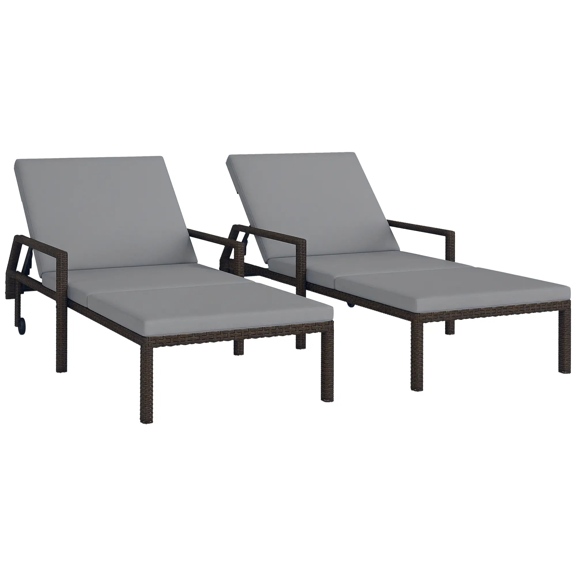 2 Piece Wicker Chaise Lounger, PE Rattan Outdoor Chair, Adjustable Backrest, 2 Wheels, Grey Chaise Loungers at Gallery Canada