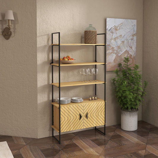 4-Tier Bookshelf with Double Door Cabinet, Industrial Bookcase, Shelving Unit with Open Shelves and Metal Frame for Living Room, Oak - Gallery Canada