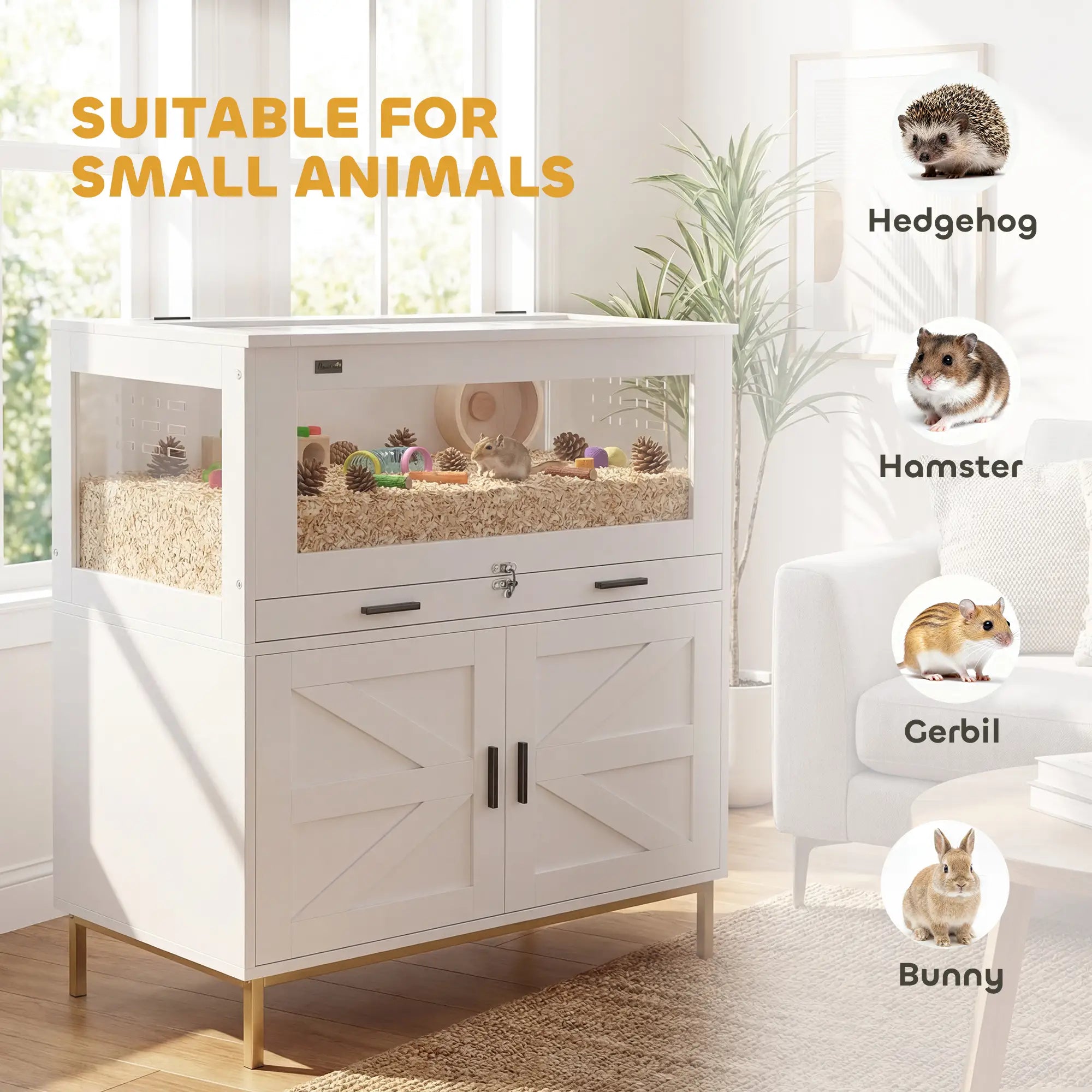Hamster Cage with Storage Cabinet, Small Animal Cage with Pull Out Drawer and Acrylic Panels, 30
