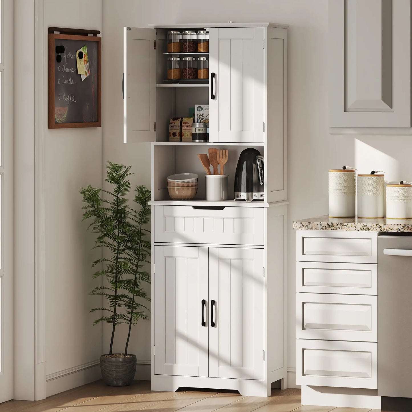 68" Tall Kitchen Buffet Hutch, 4 Doors, Drawer, Open Counter, White Kitchen Pantry Cabinets at Gallery Canada
