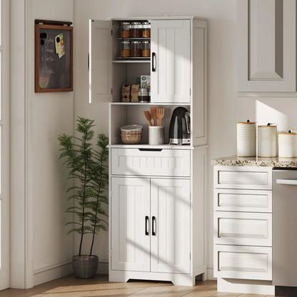 68" Tall Kitchen Buffet Hutch, 4 Doors, Drawer, Open Counter, White Kitchen Pantry Cabinets at Gallery Canada