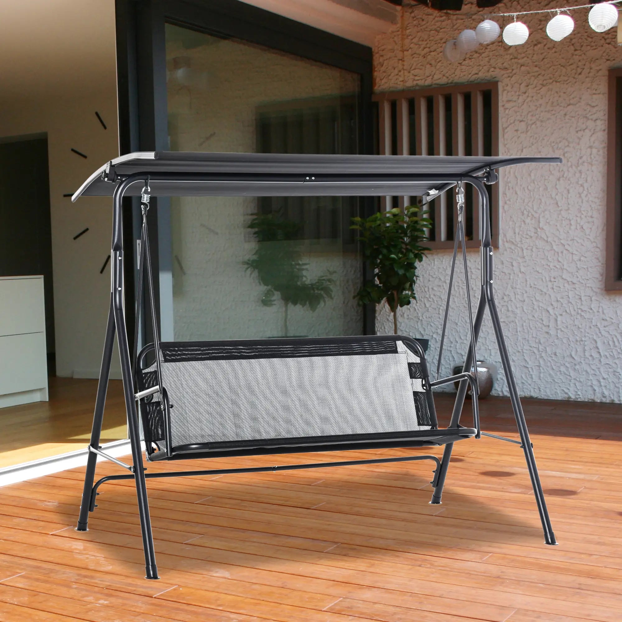 2-Person Porch Swing Chair, Adjustable Canopy, Breathable Seat, Black Patio Swings with Stand at Gallery Canada