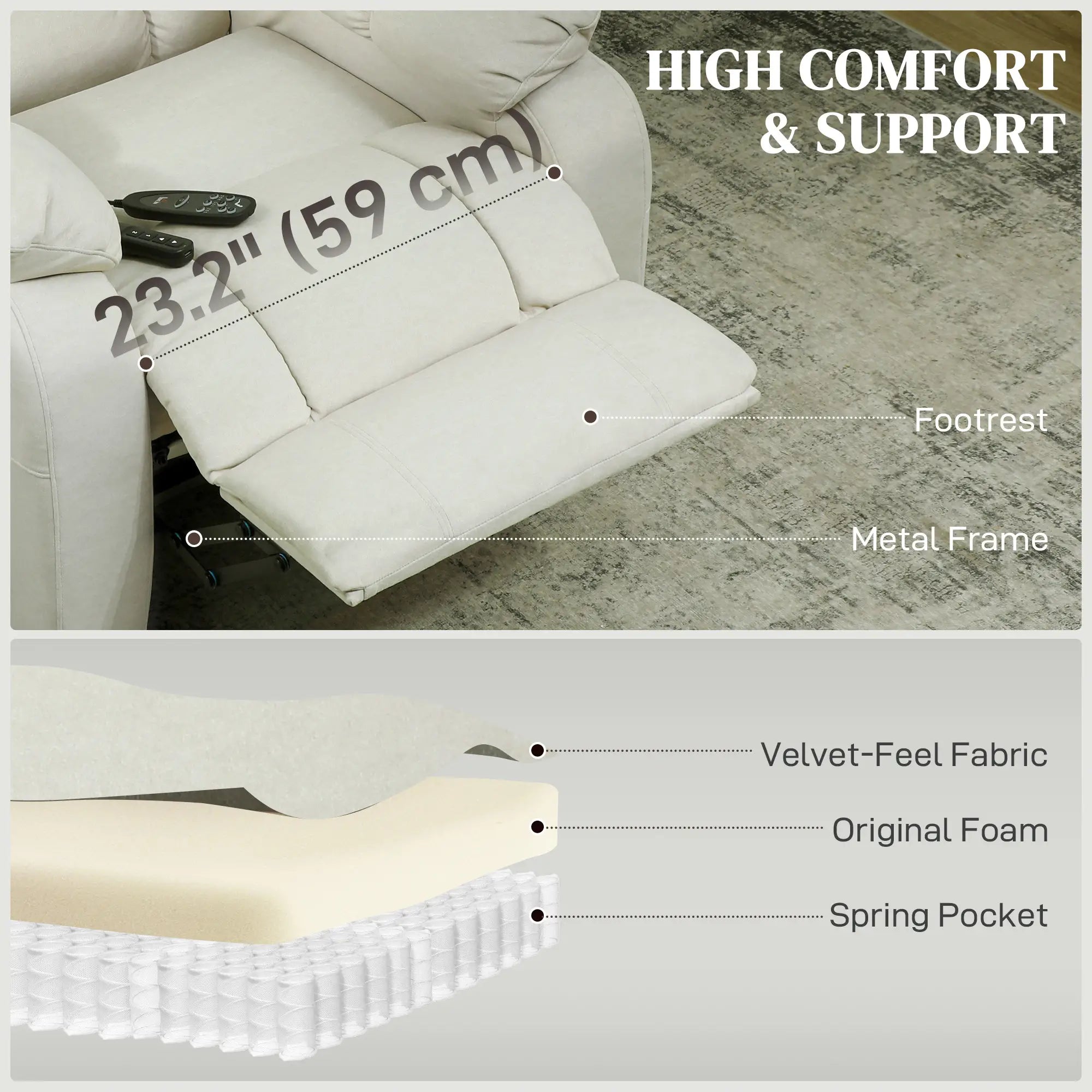 Massage Recliner Chair, Quiet Brushless Motor, Pet-Friendly Fabric, 2 Memory Positions, Cream White Single Sofas at Gallery Canada