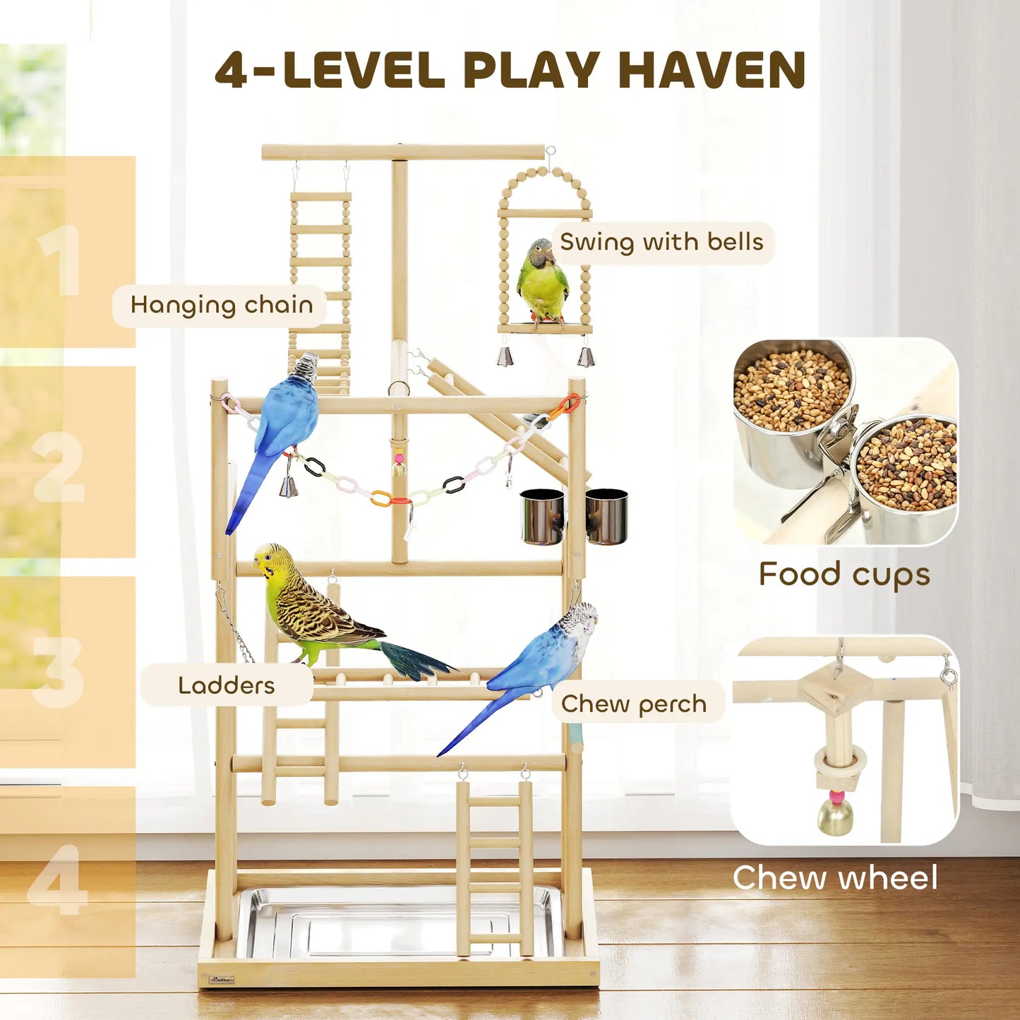 Bird Playground, 4 Layer Wooden Play Stand, Ladders, Chain Toy, Stainless Steel Cups Bird Cages at Gallery Canada