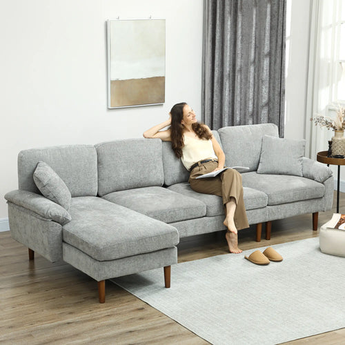 L-Shape Sofa, Modern Sectional Couch with Chaise Lounge, Grey