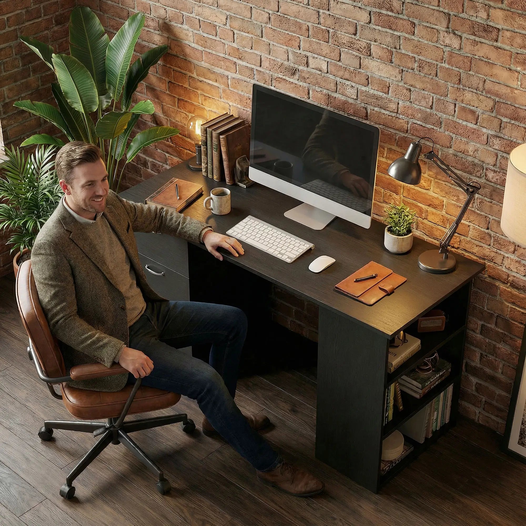 47 Inches Office Desk, 3-Tier Storage Shelves, Black Writing Desks at Gallery Canada