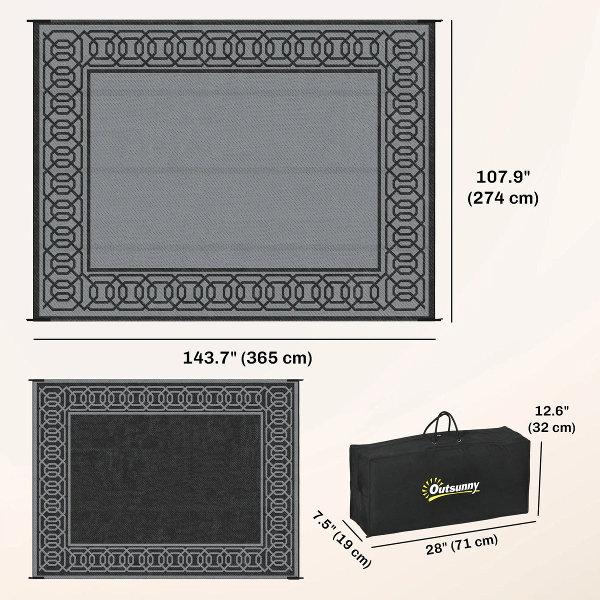 Portable Outdoor Rug, 9' x 12', Waterproof, Reversible, Black and Grey Outdoor Reversible Rugs at Gallery Canada