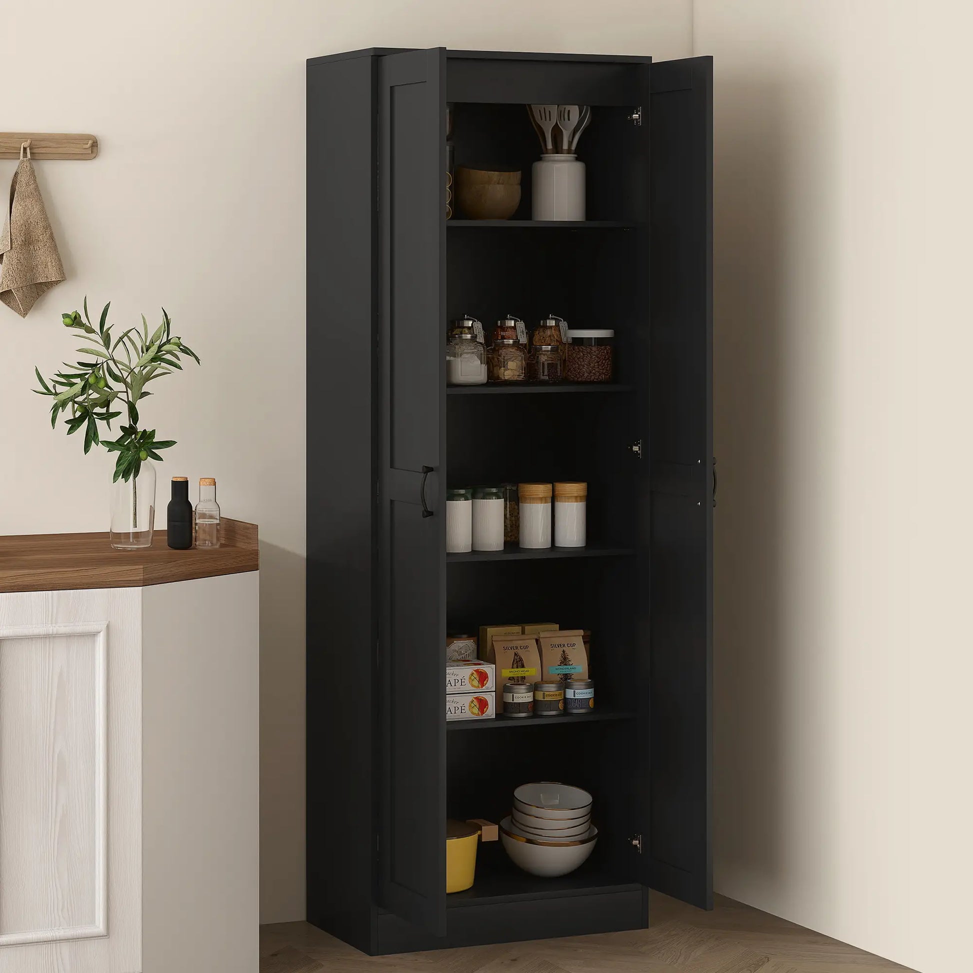 69" Tall Pantry Cabinet, Adjustable Shelves, Soft Close Doors, Black Kitchen Pantry Cabinets at Gallery Canada