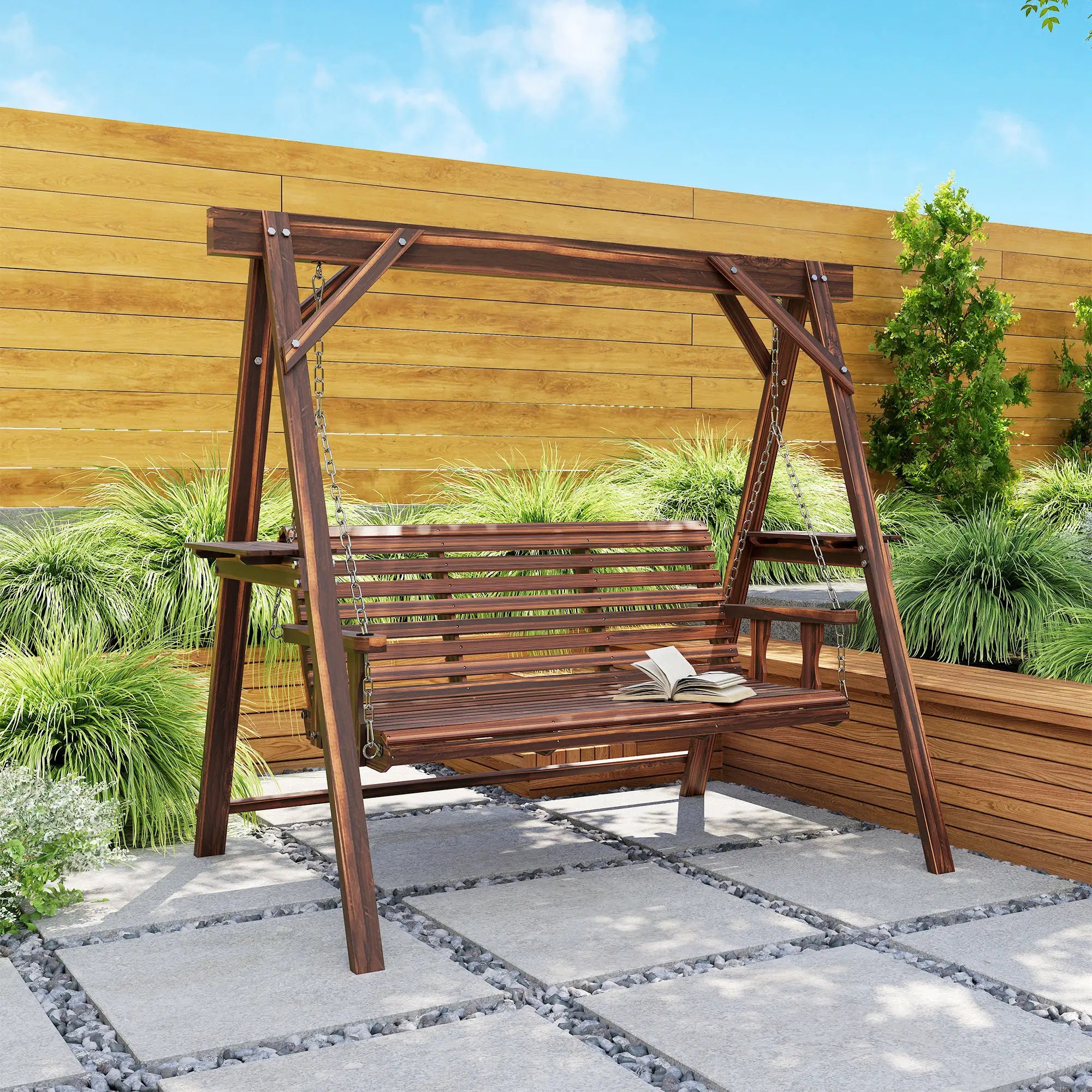 3 Seat Wooden Porch Swing With Stand, Carbonized Brown Patio Swings with Stand at Gallery Canada