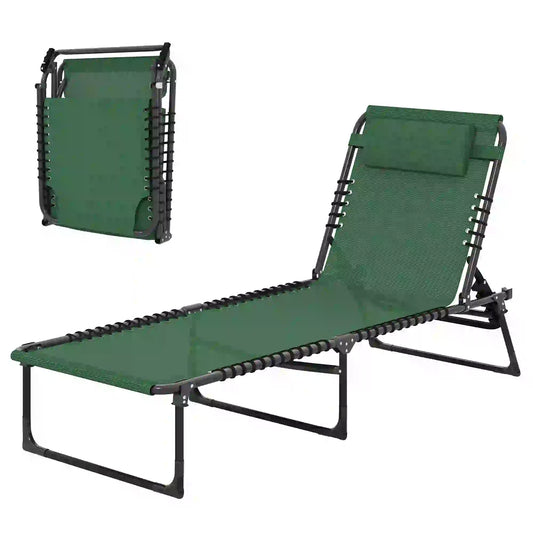 Folding Lounge Chair, Adjustable Chaise With Headrest, Reclining Cot, Green Lounger Chairs Green at Gallery Canada