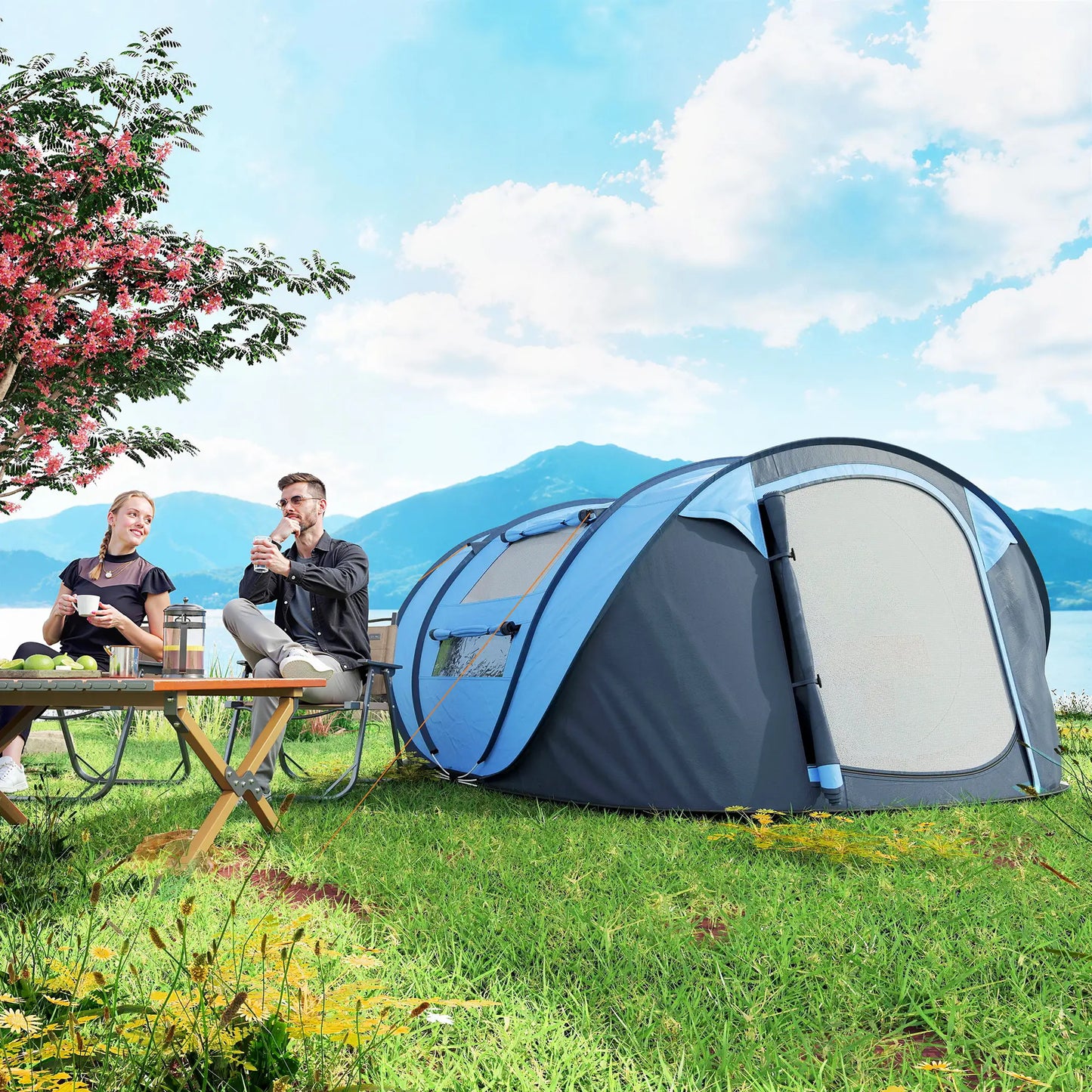 4 Person Pop Up Tent, Automatic Setup, With Doors, Windows, Carry Bag, Blue Camping Tents at Gallery Canada