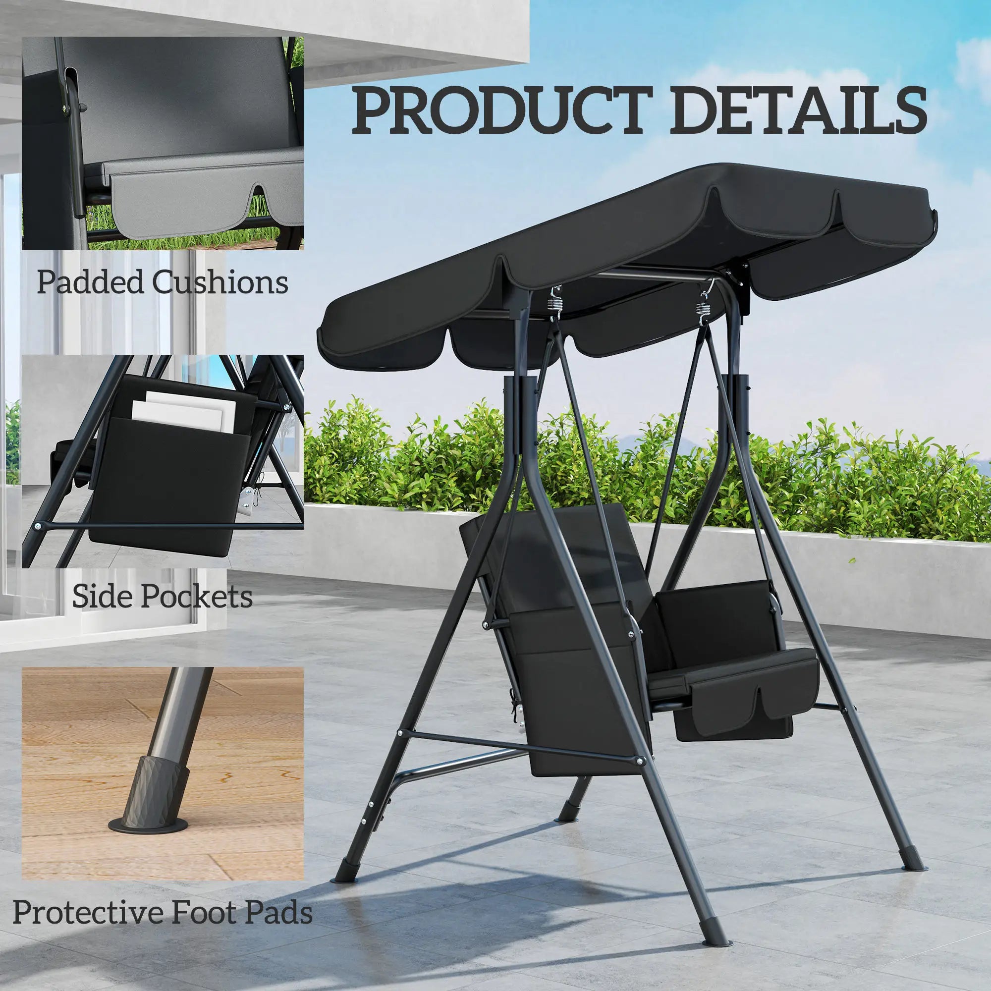 Outdoor Porch Swing, Adjustable Canopy, Removable Cushion, 1-Seat Patio Swings with Stand at Gallery Canada