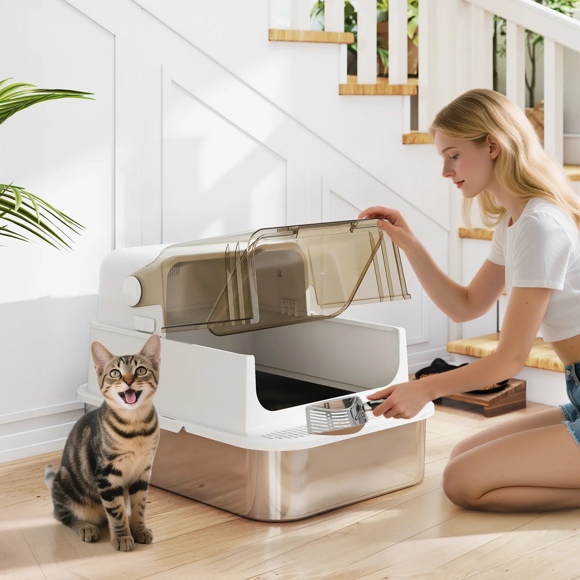 Stainless Steel Cat Litter Box, Easy Clean Enclosure, 27.6