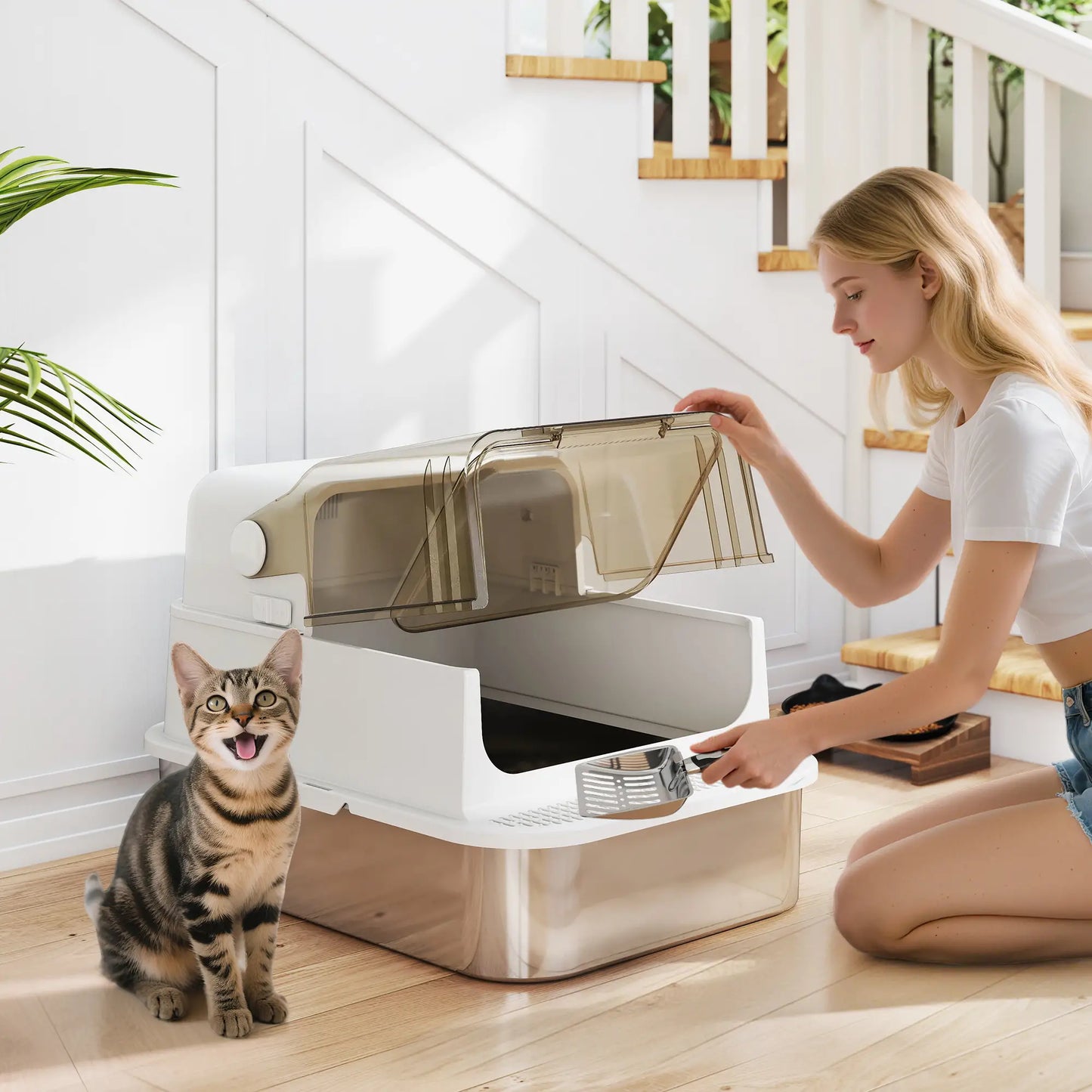 Stainless Steel Cat Litter Box, Easy Clean Enclosure, 27.6" L x 19.7" W x 18.3" H, White Cat Litter Box Enclosures at Gallery Canada