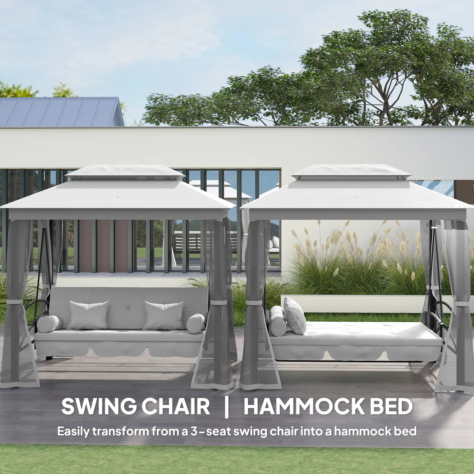 3 Person Outdoor Daybed, Canopy Gazebo Swing Chair, Grey Patio Swings with Stand at Gallery Canada