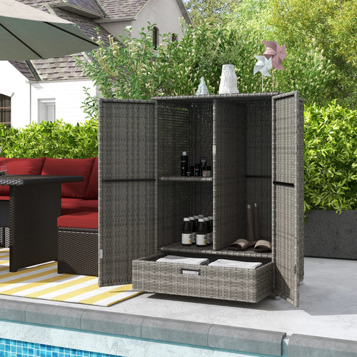 Wicker Outdoor Storage Cabinet, 2-Door Rattan, Dark Grey
