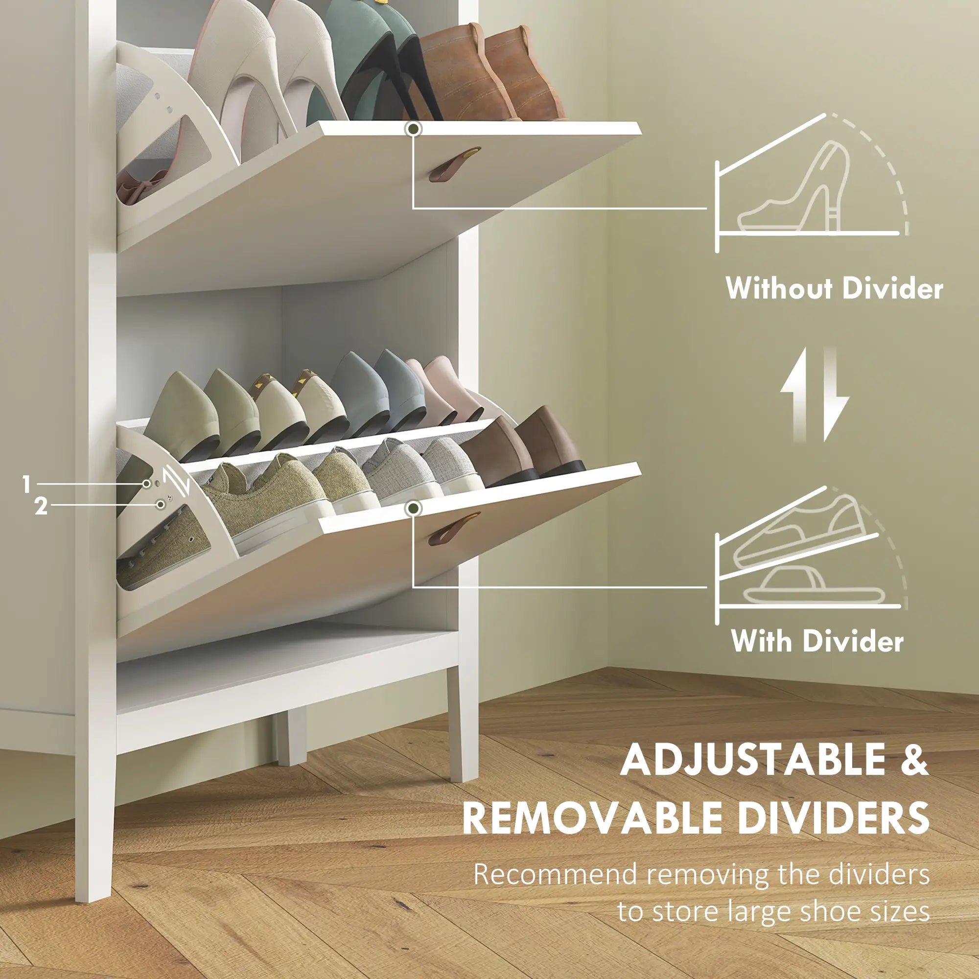 Narrow Shoe Cabinet, 2 Flip Drawers, Adjustable Shelves, Holds 10-14 Pairs, White Shoe Storage Cabinets & Racks at Gallery Canada