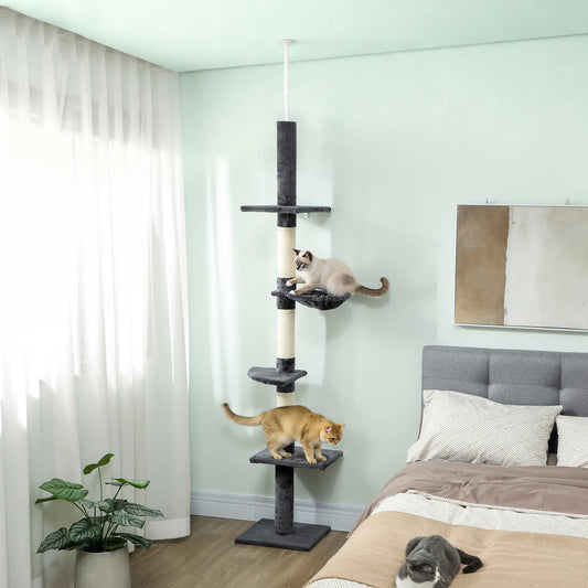 8.5ft Cat Climbing Tree, 5-Tier Activity Center, Scratching Post, Dark Grey Floor to Ceiling Cat Trees Dark Grey at Gallery Canada