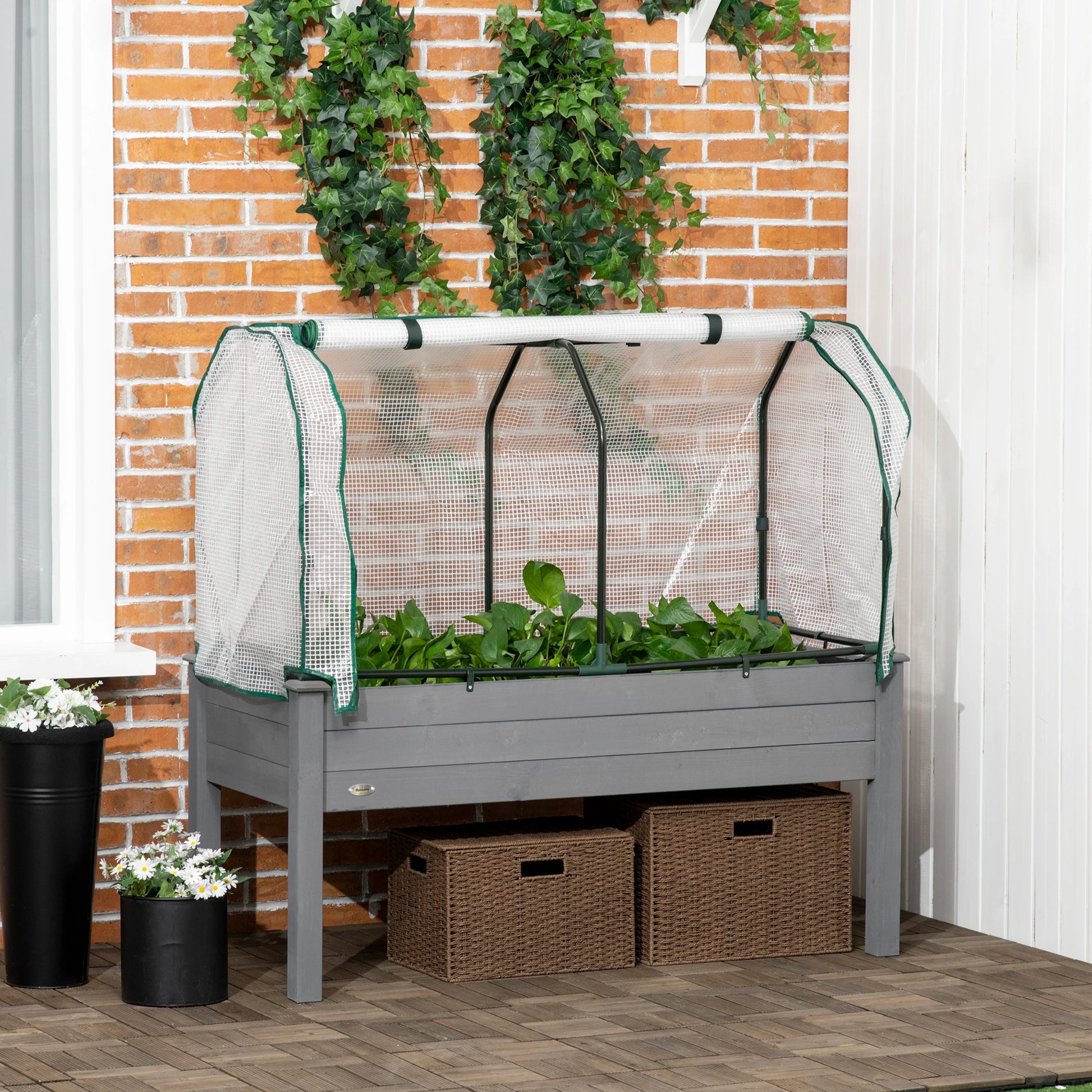 Raised Garden Bed With PE Cover, Outdoor Elevated Wood Planter Box, Dark Gray Elevated Garden Beds at Gallery Canada