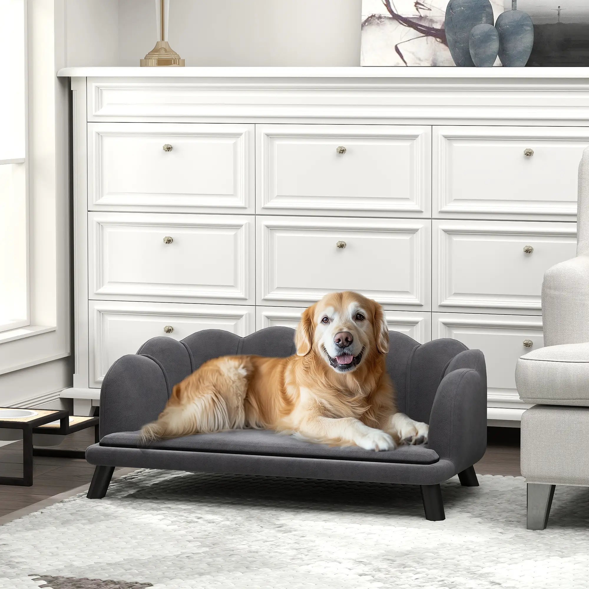 Dog Sofa, Removable Cushion, Wood Legs, Medium Large, Dark Grey Dog Sofas at Gallery Canada