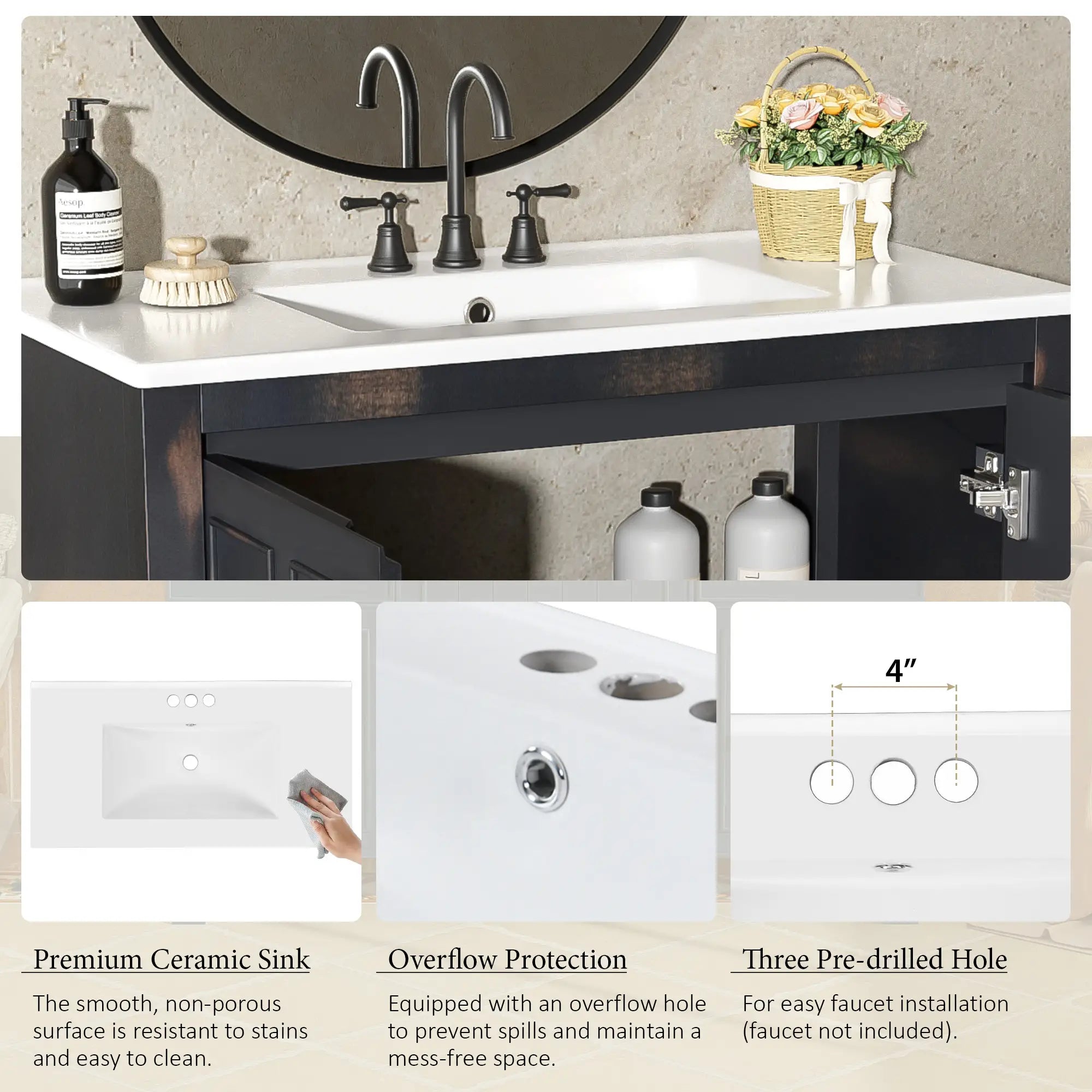 Solid Wood Bathroom Vanity, Ceramic Sink, Storage Cabinet, 36