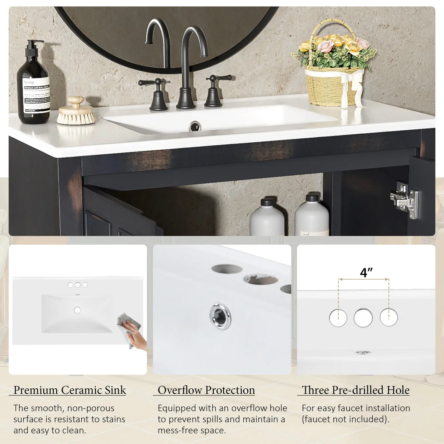 Solid Wood Bathroom Vanity, Ceramic Sink, Storage Cabinet, 36" L x 18.5" W x 34" H, Espresso Sink Cabinets at Gallery Canada